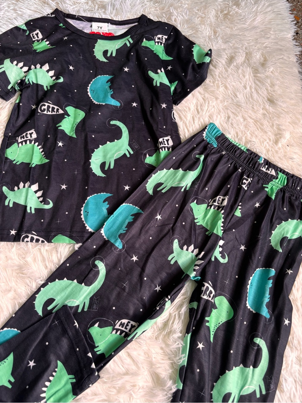 Kids Black Dinosaur Pajama Set - Green & Teal Dino Print